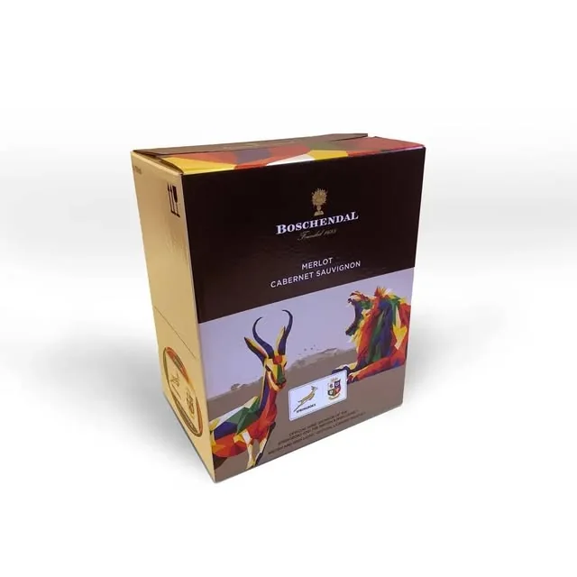 A Boschendal Merlot Cabernet Sauvignon box with a springbok and lion