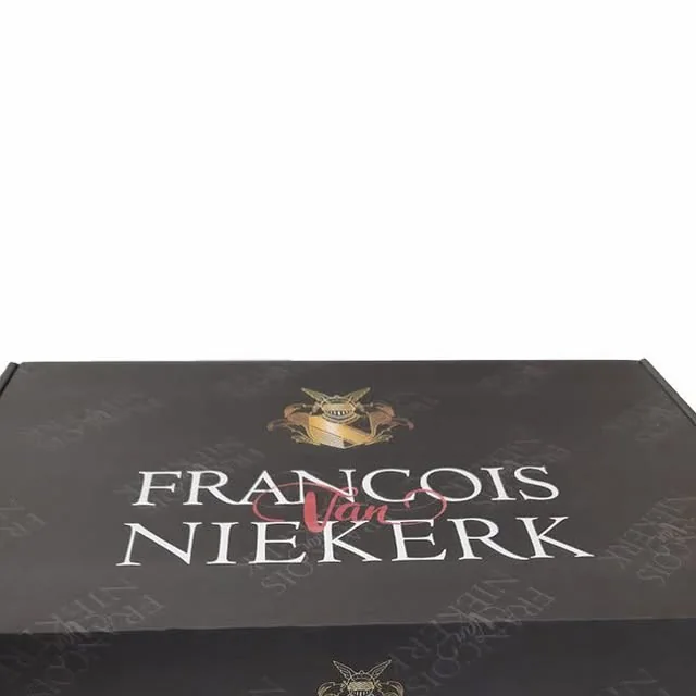 A dark wine box lid printed with Francois van Niekerk in white with a watermark pattern
