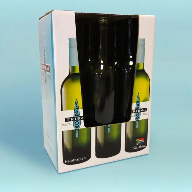 A Tribal wine carton with a die-cut window showing the bottles inside