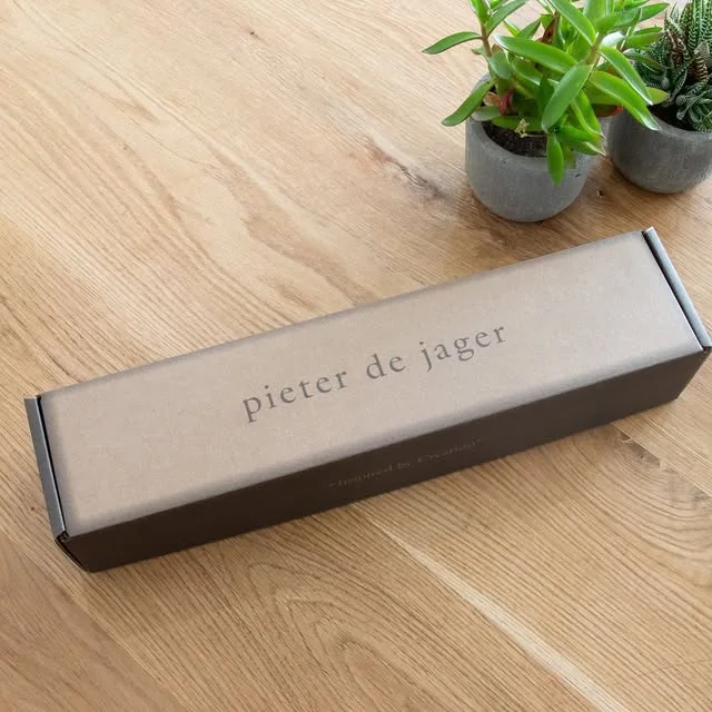 A long grey box printed with pieter de jager on a wooden table with succulents