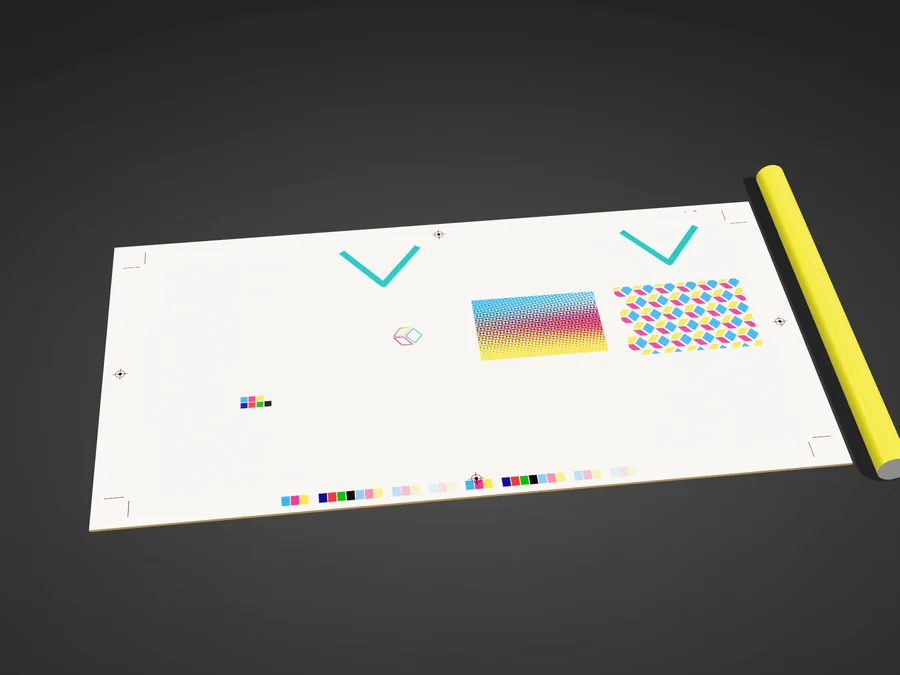The printed sheet, with the yellow roller passing over it