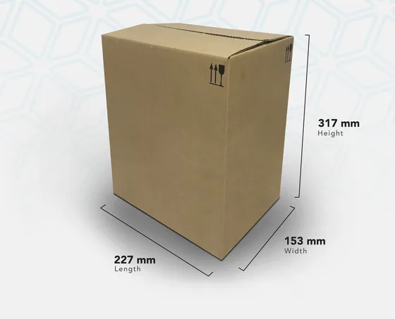6 1441 A STOCK-M upright kraft carton with handling symbols