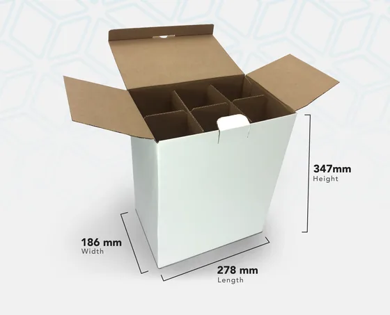 6x750ml Generic white carton, open, with six bottle dividers