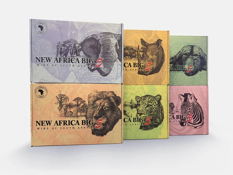 Six New Africa Big 5 wine boxes, each printed with a different animal in pastel tones