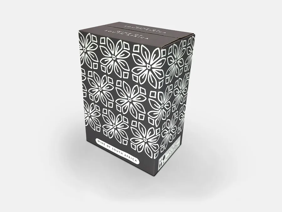 A charcoal wine box covered in a white flower pattern, marked Wine of South Africa