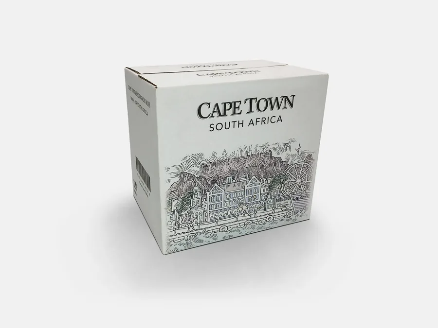 A white wine carton printed with a pen-and-ink Cape Town street scene