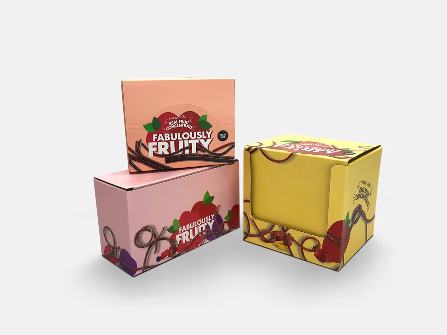 Fabulously Fruity boxes in pink and yellow with illustrated berries