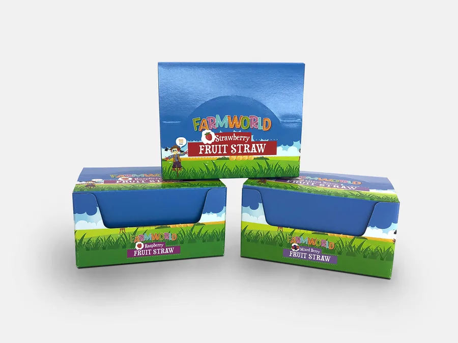 Three Farmworld Strawberry Fruit Straw display boxes with a farm scene