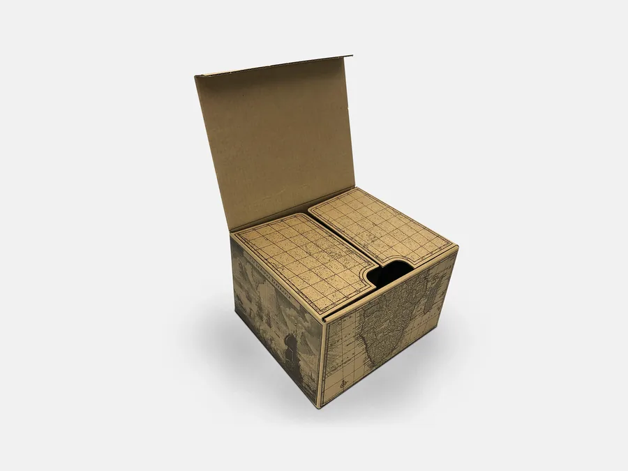 A kraft carton with a hinged lid, flexo printed all over with an antique map