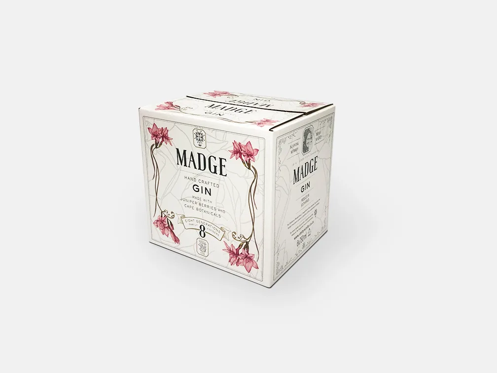 Madge Gin box, white with pink botanical illustrations