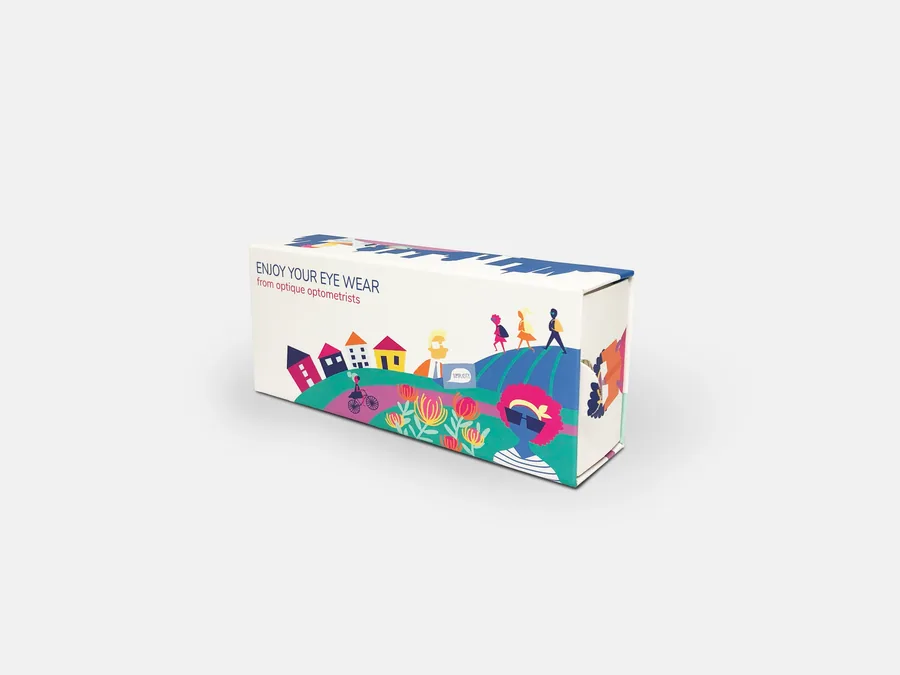 Optique optometrists box with a colourful illustrated street scene