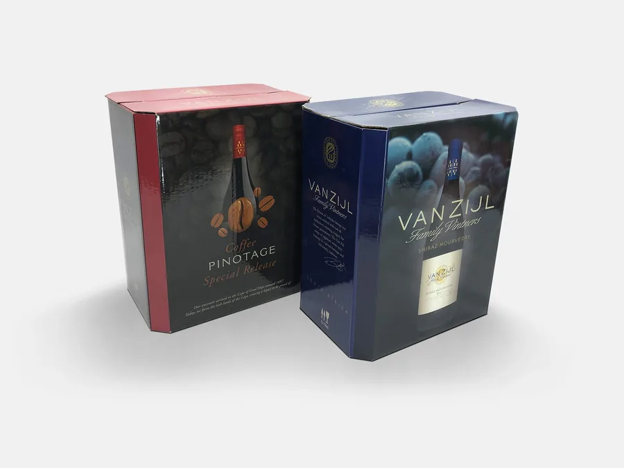 A Pinotage wine box and a navy Van Zijl Family Vintners box