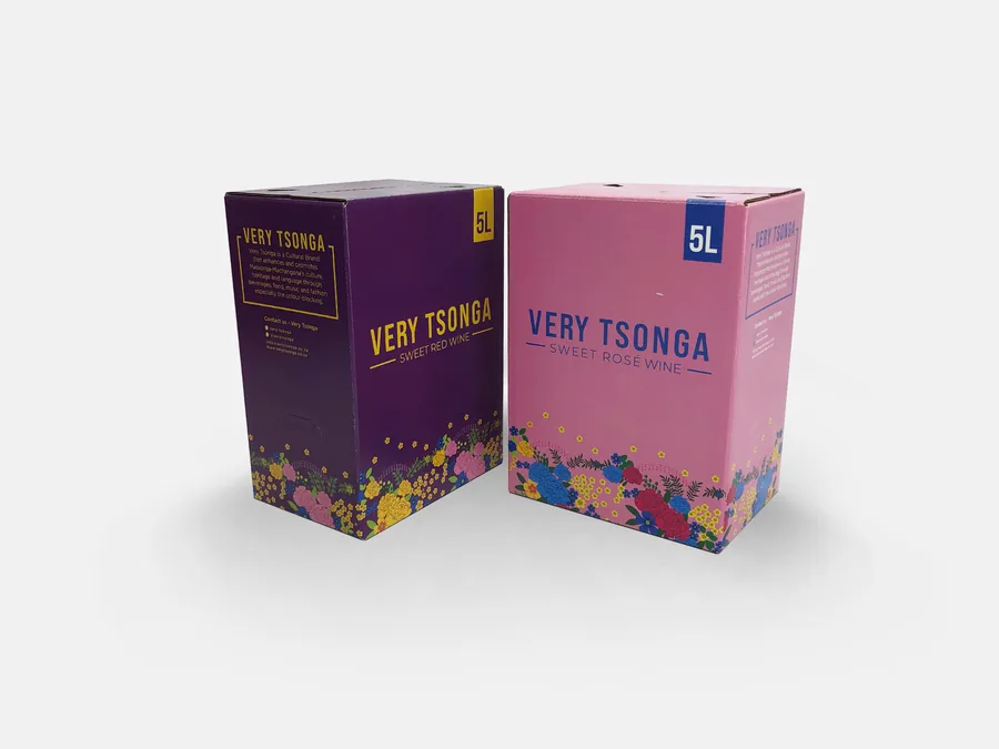 Very Tsonga five-litre wine boxes in purple and pink with a band of flowers